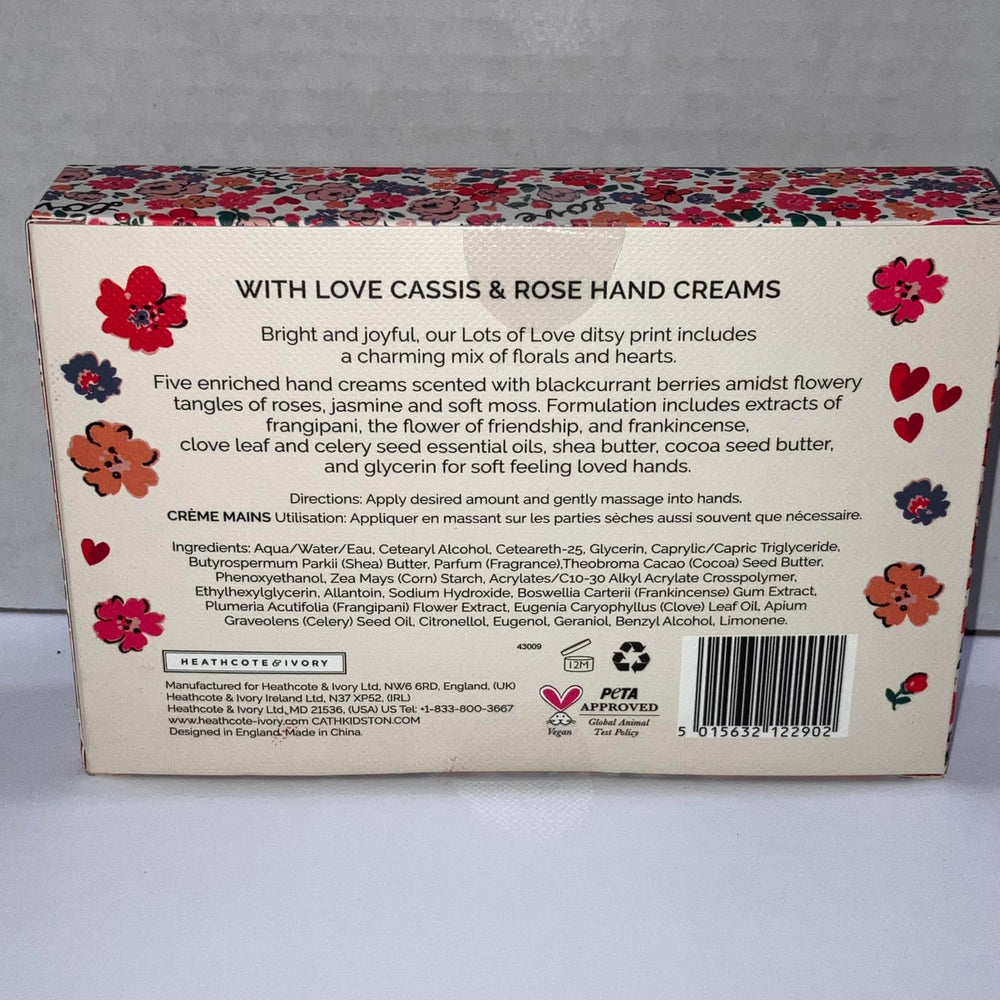 Bright ditsy floral packaging of Heathcote & Ivory hand cream set with vegan and cruelty-free notes