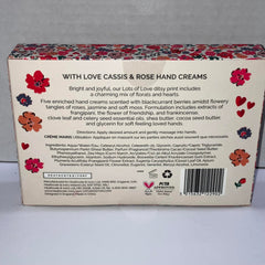 Bright ditsy floral packaging of Heathcote & Ivory hand cream set with vegan and cruelty-free notes
