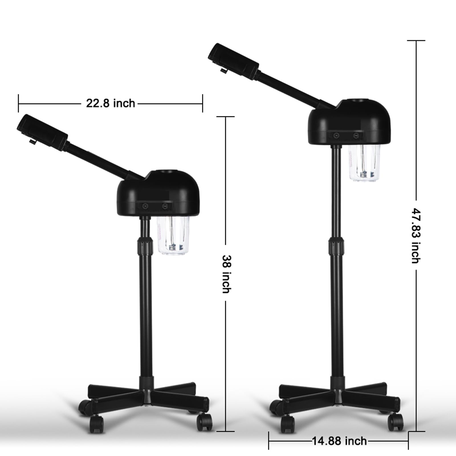 HeavenBird Stand Professional Ozone Facial Steamer side angle with rolling base for easy movement around a studio.
