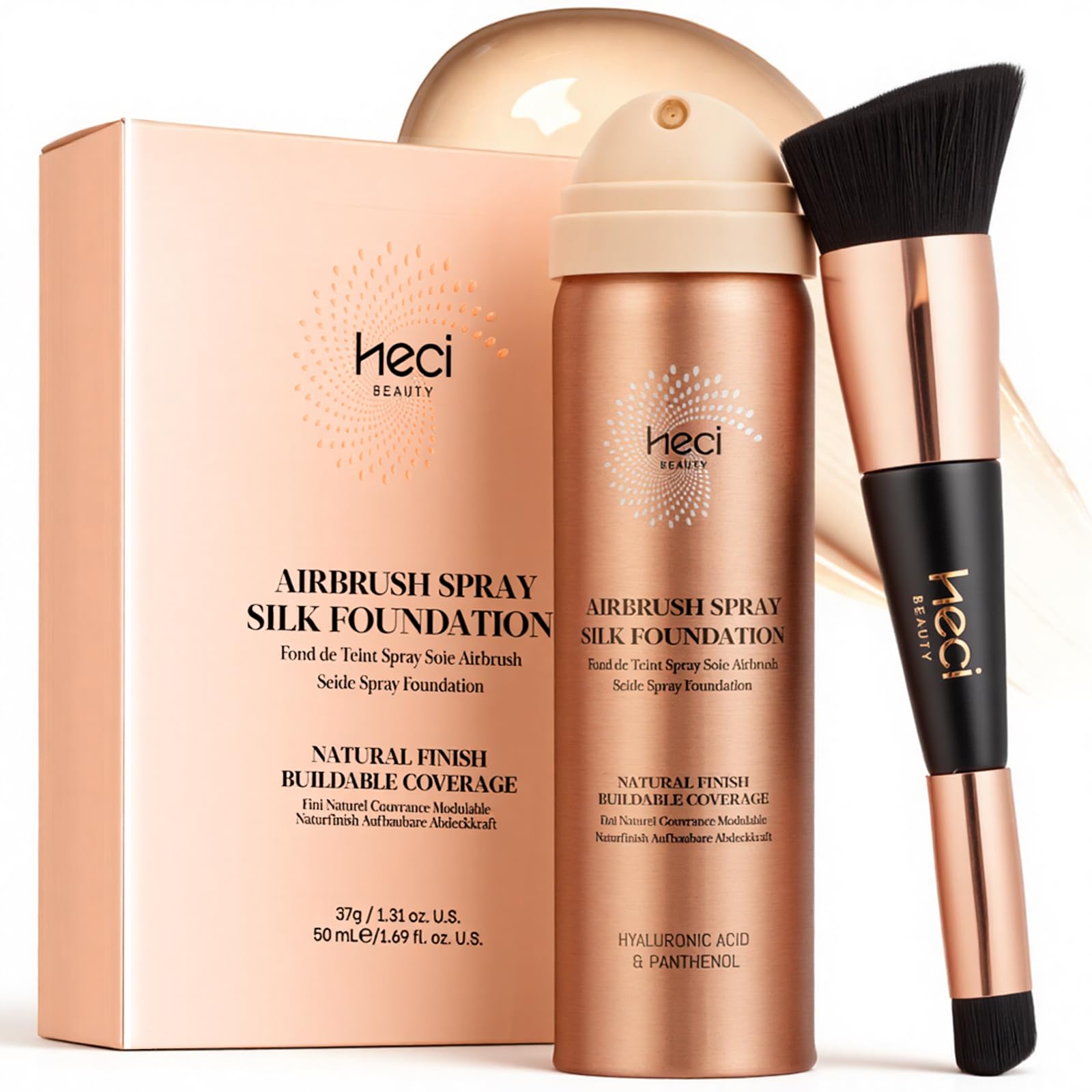 HECI BEAUTY airbrush foundation bottle closeup for silky, even coverage on mature skin