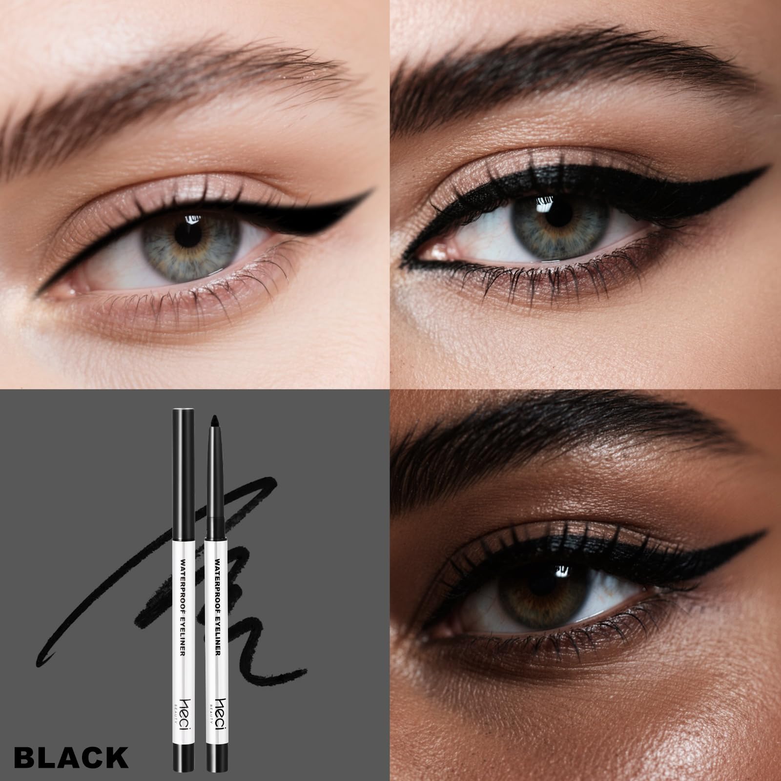 HECI BEAUTY eyeliner pencil glides on in a smooth stroke for effortless application.