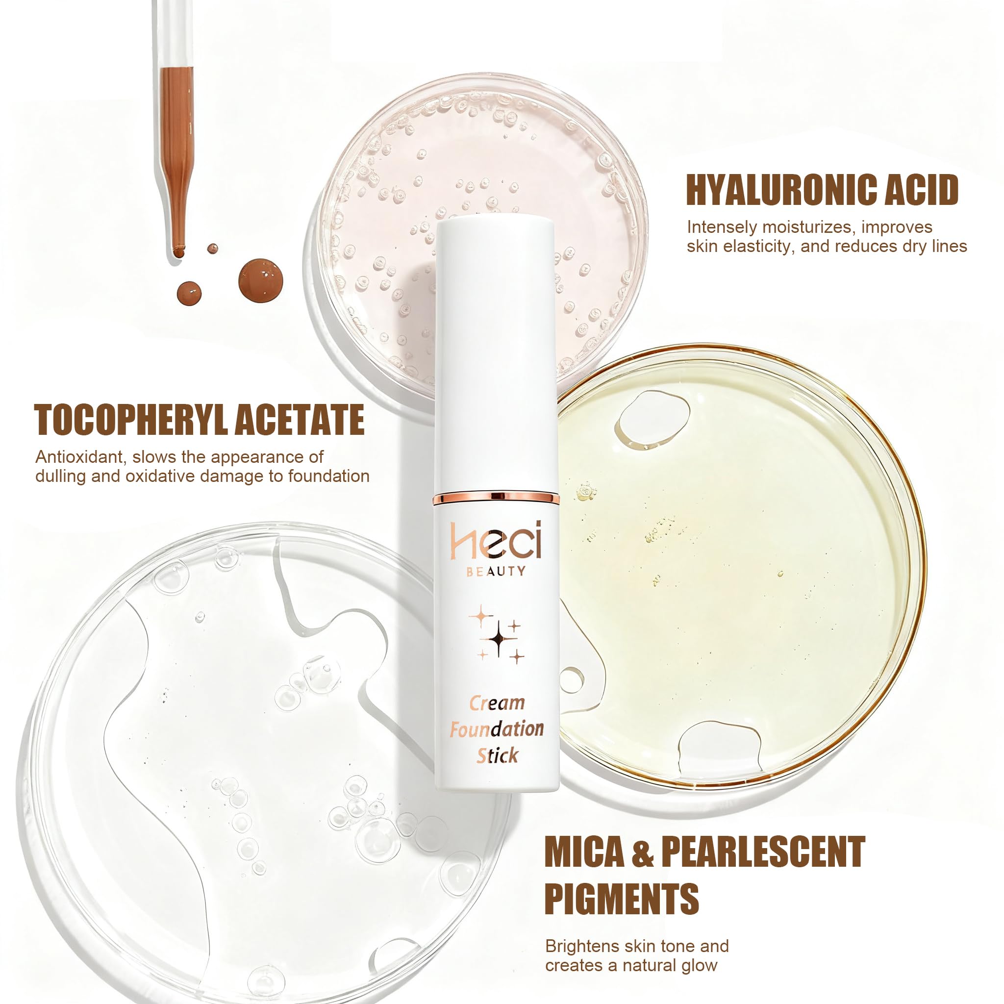 Hands blending HECI BEAUTY foundation stick onto the face for seamless application.