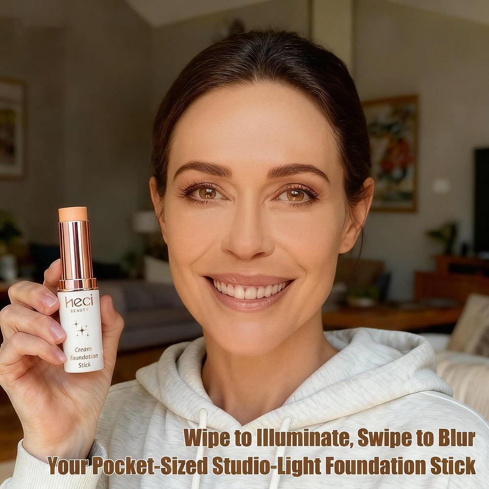 Brand logo and product name visible on HECI BEAUTY tinted foundation stick box.