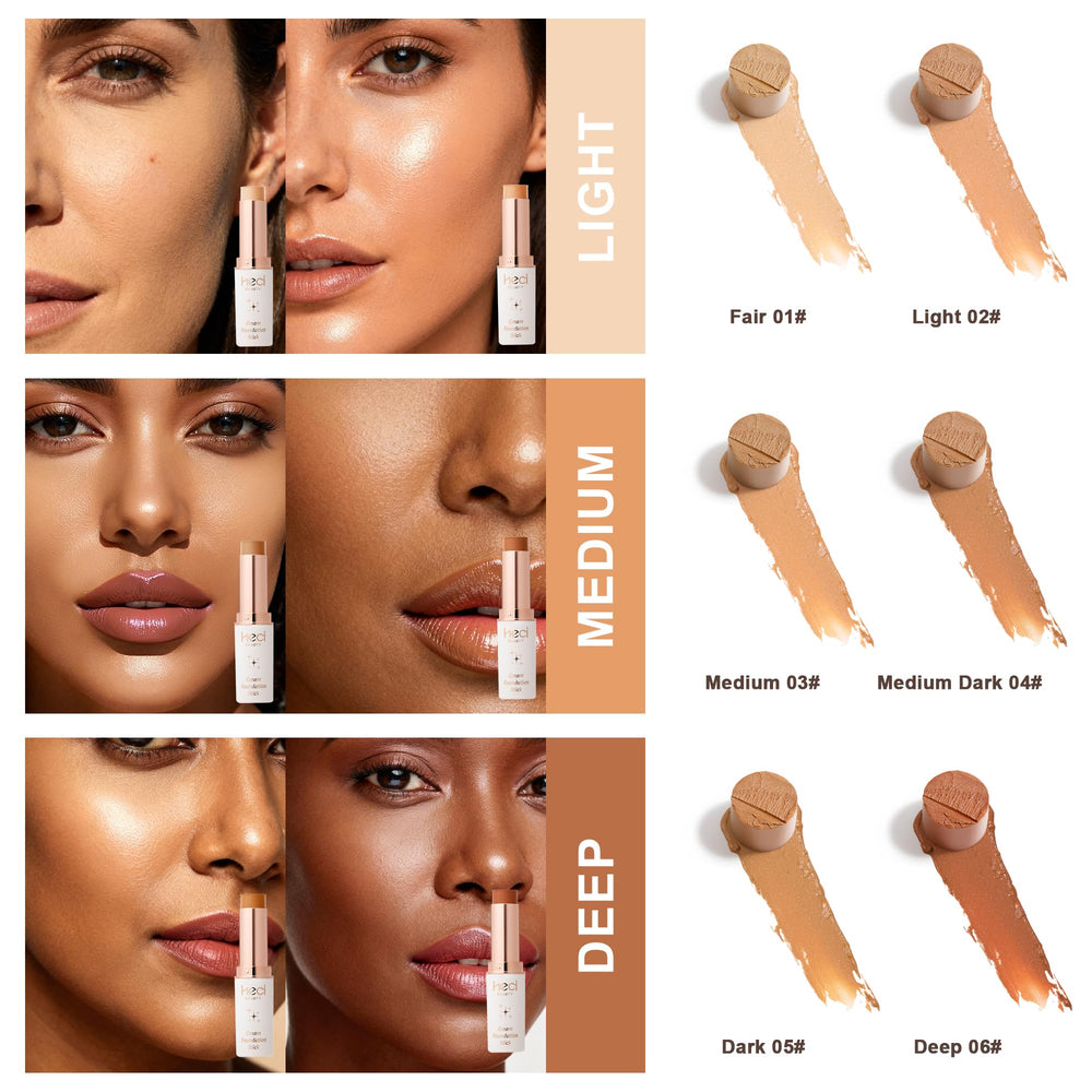 HECI BEAUTY foundation stick packaging on white background with compact design visible.