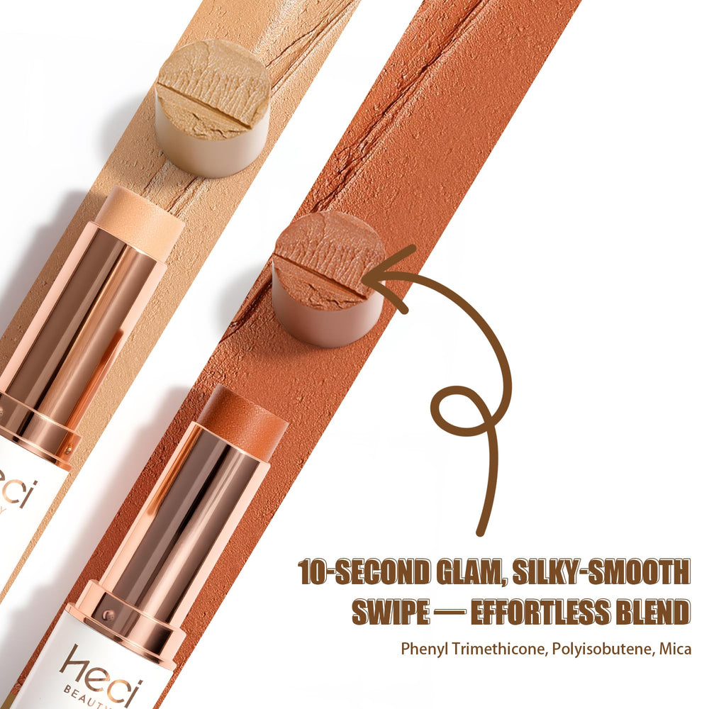HECI BEAUTY foundation stick swatch on cheek showing light to medium coverage.