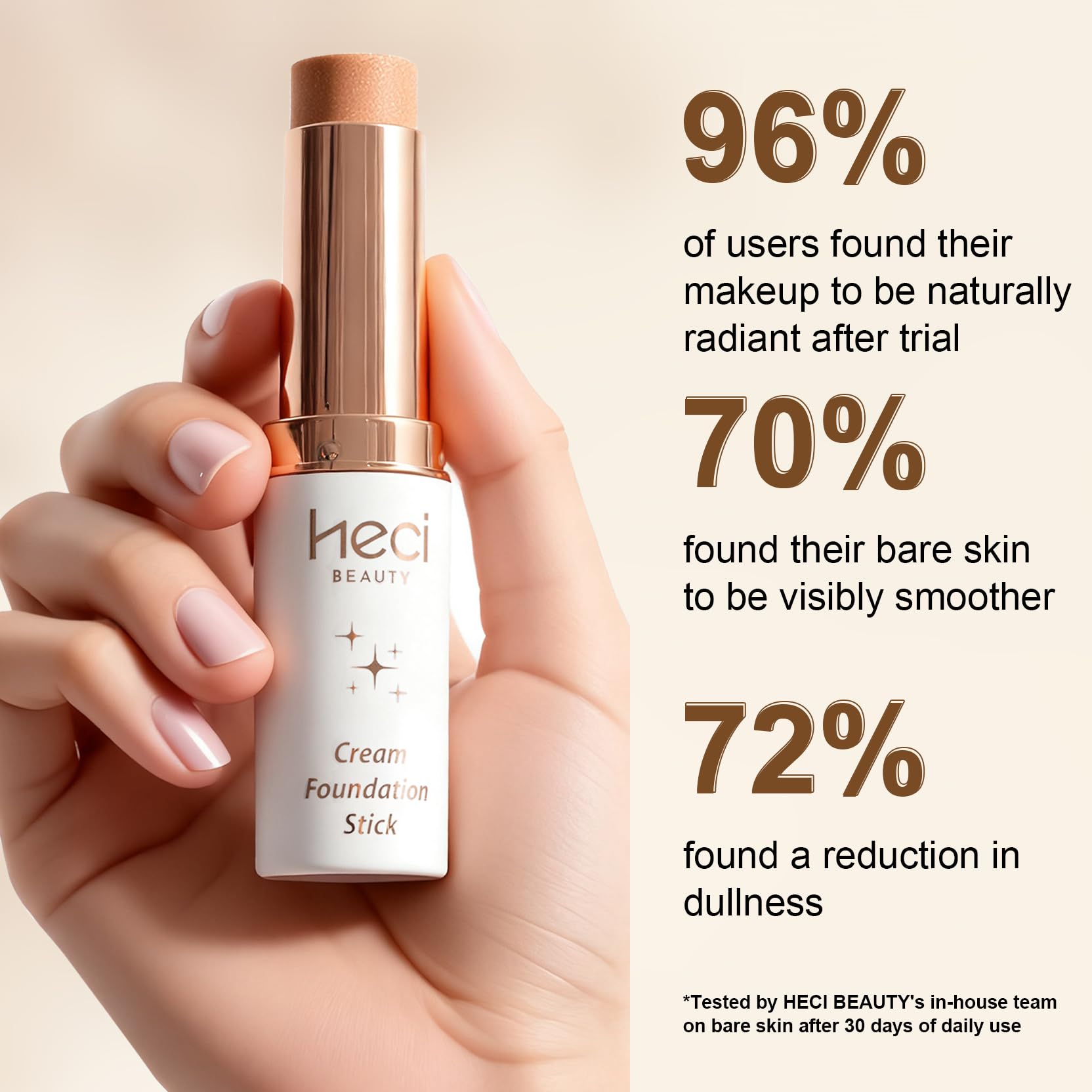 Close-up of creamy texture of HECI BEAUTY foundation stick for a skin-like finish.
