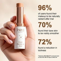 Close-up of creamy texture of HECI BEAUTY foundation stick for a skin-like finish.