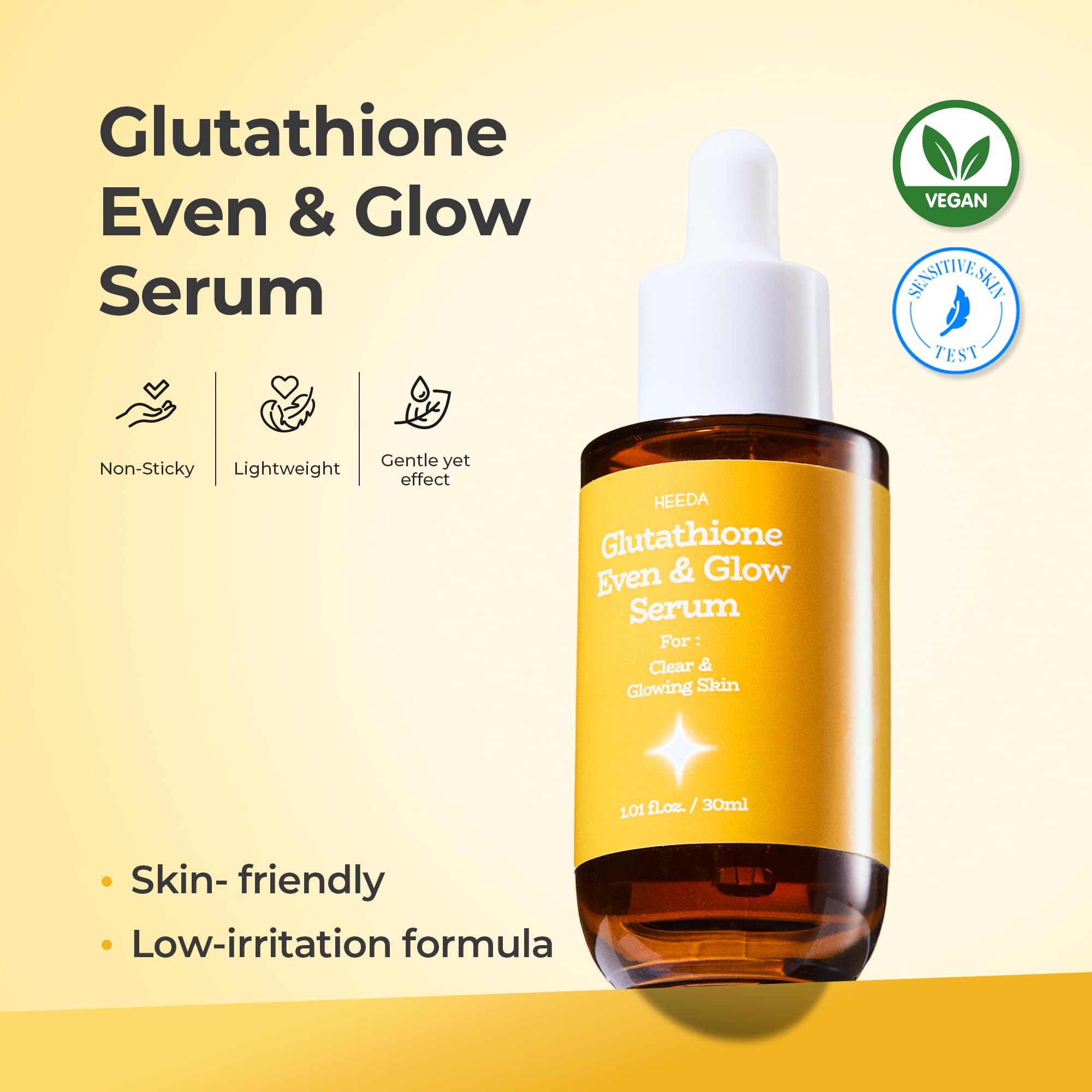 HEEDA Glutathione Serum packaging highlighting clean beauty and vegan credentials