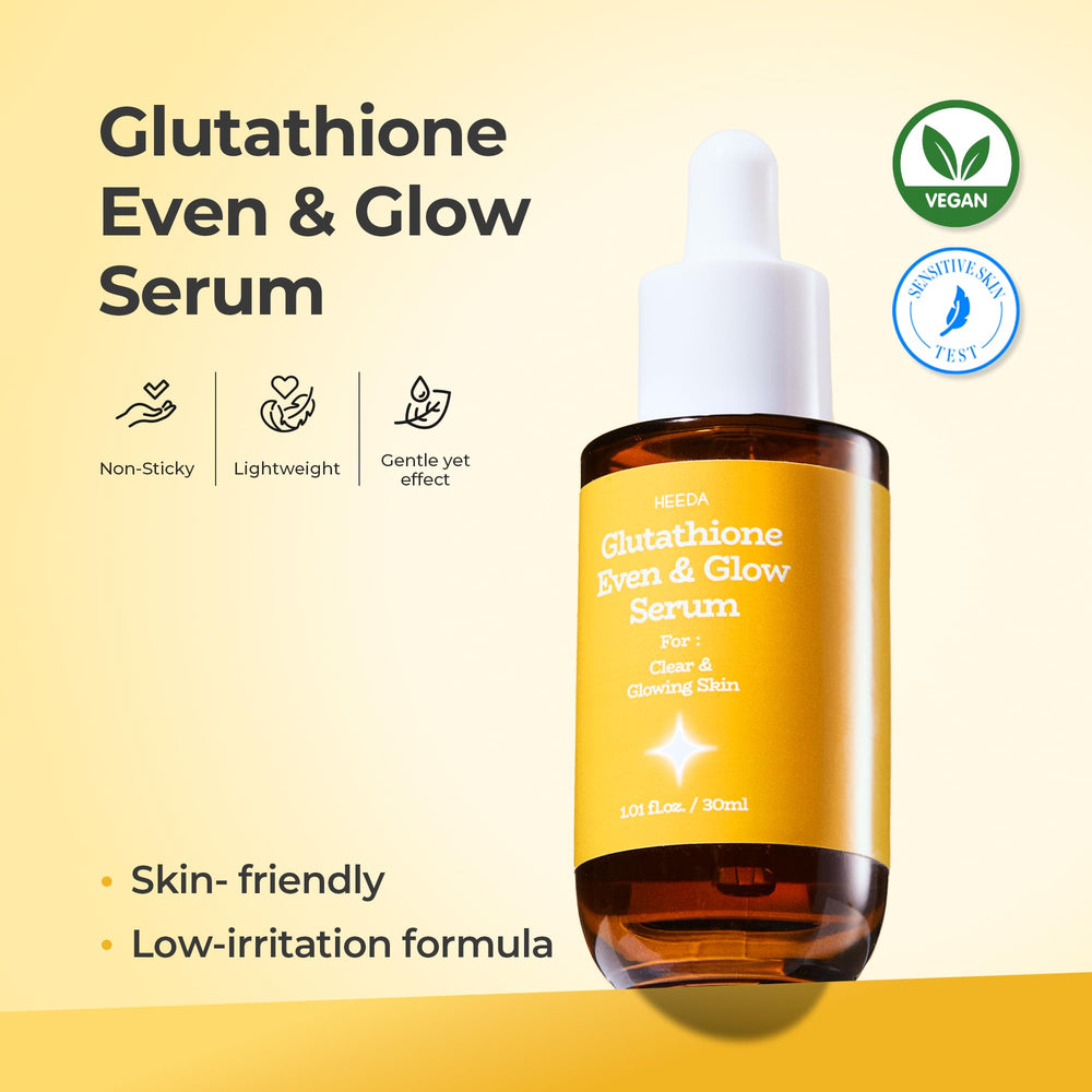 HEEDA Glutathione Serum packaging highlighting clean beauty and vegan credentials