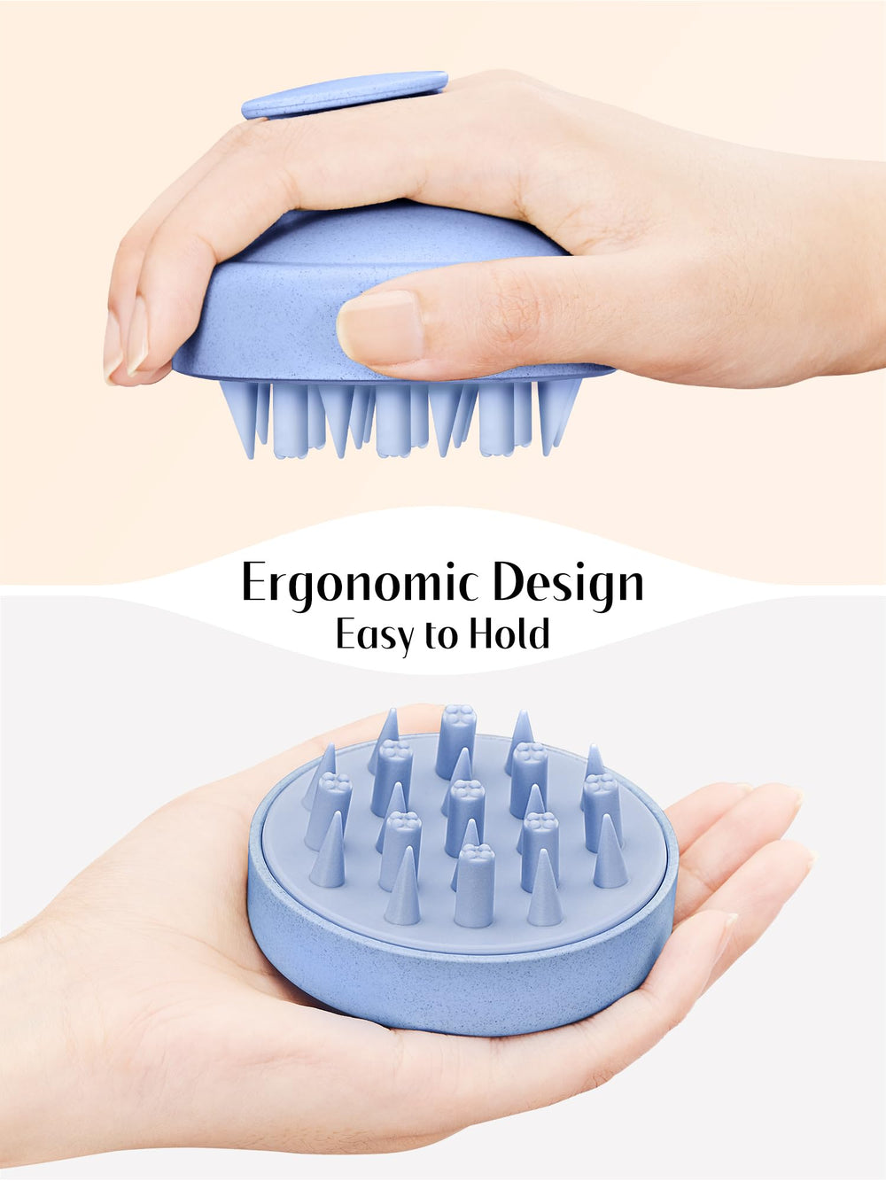 HEETA massager close-up shows soft silicone bristles for gentle scalp cleansing.