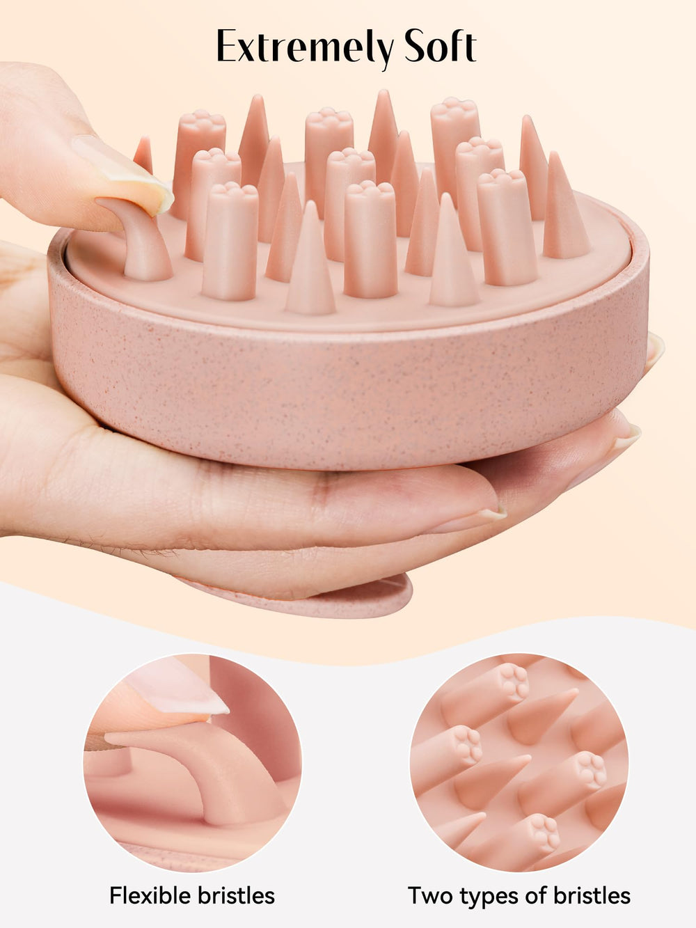 Ergonomic HEETA brush fits palm for easy, comfortable control during washing.
