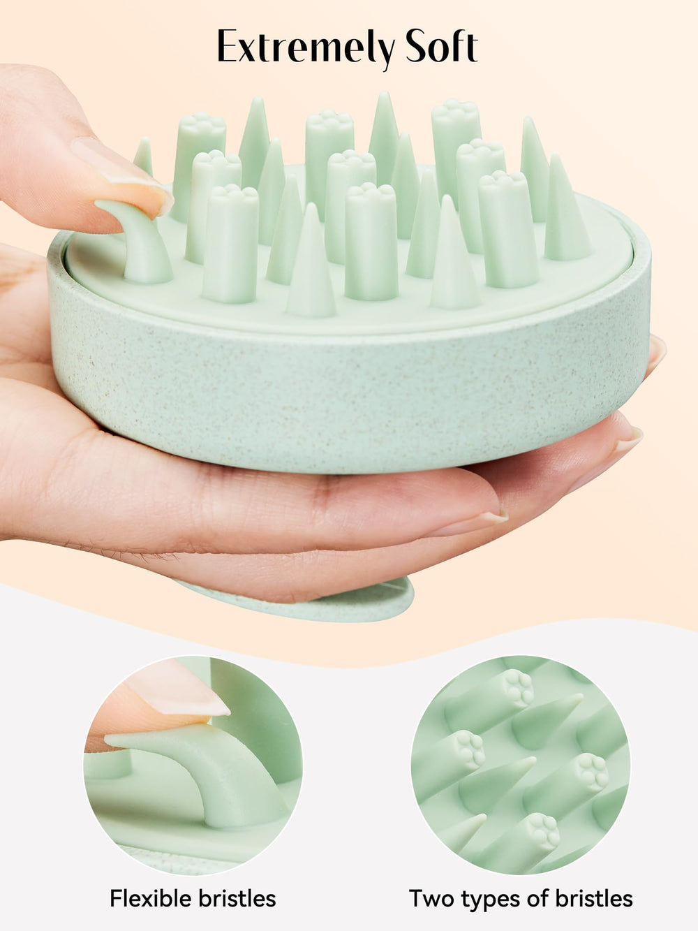 Close-up of HEETA shampoo brush showing elastic silicone bristles for deeper scalp exfoliation.