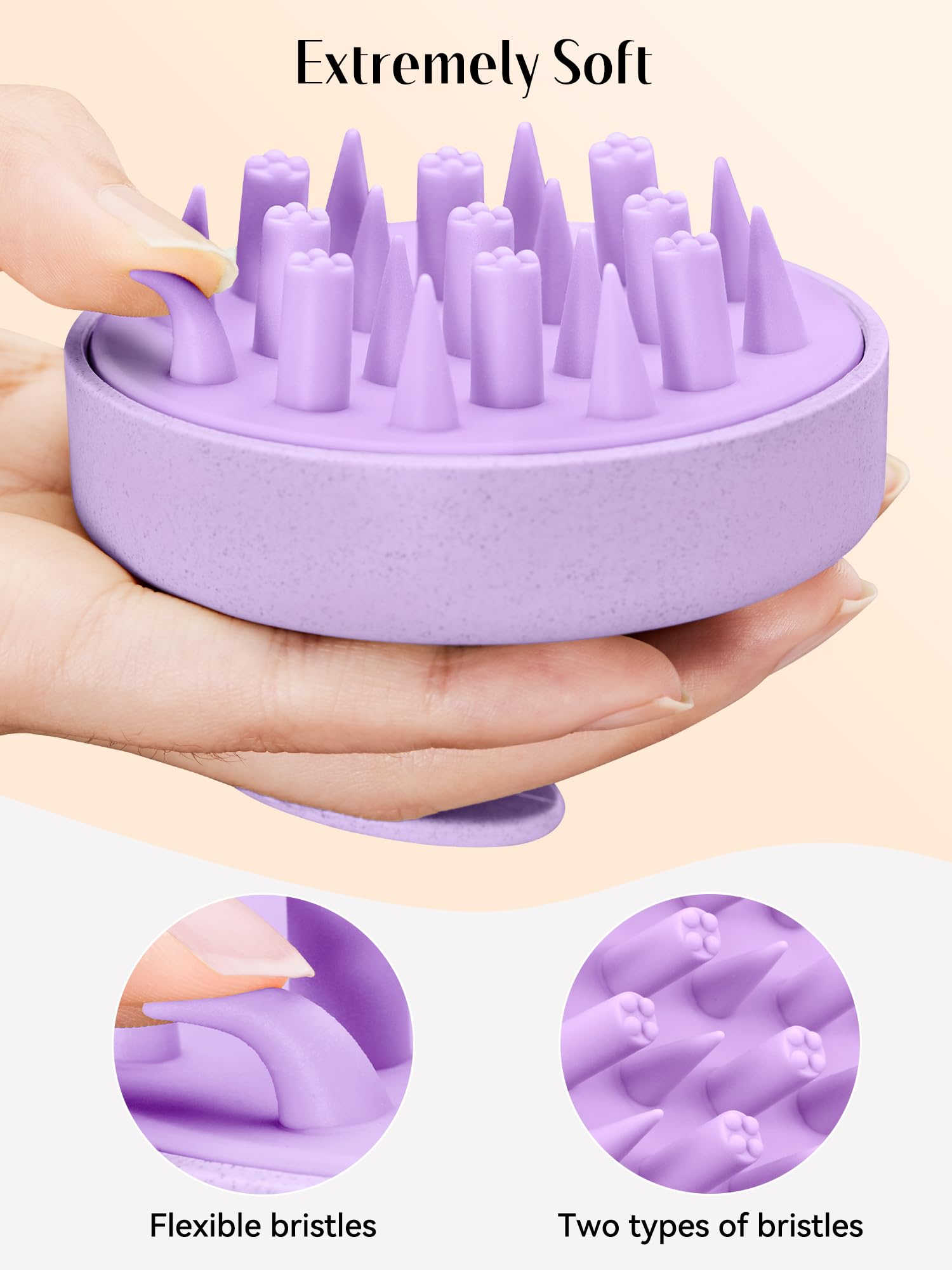 Close-up of HEETA silicone bristles for gentle scalp exfoliation.