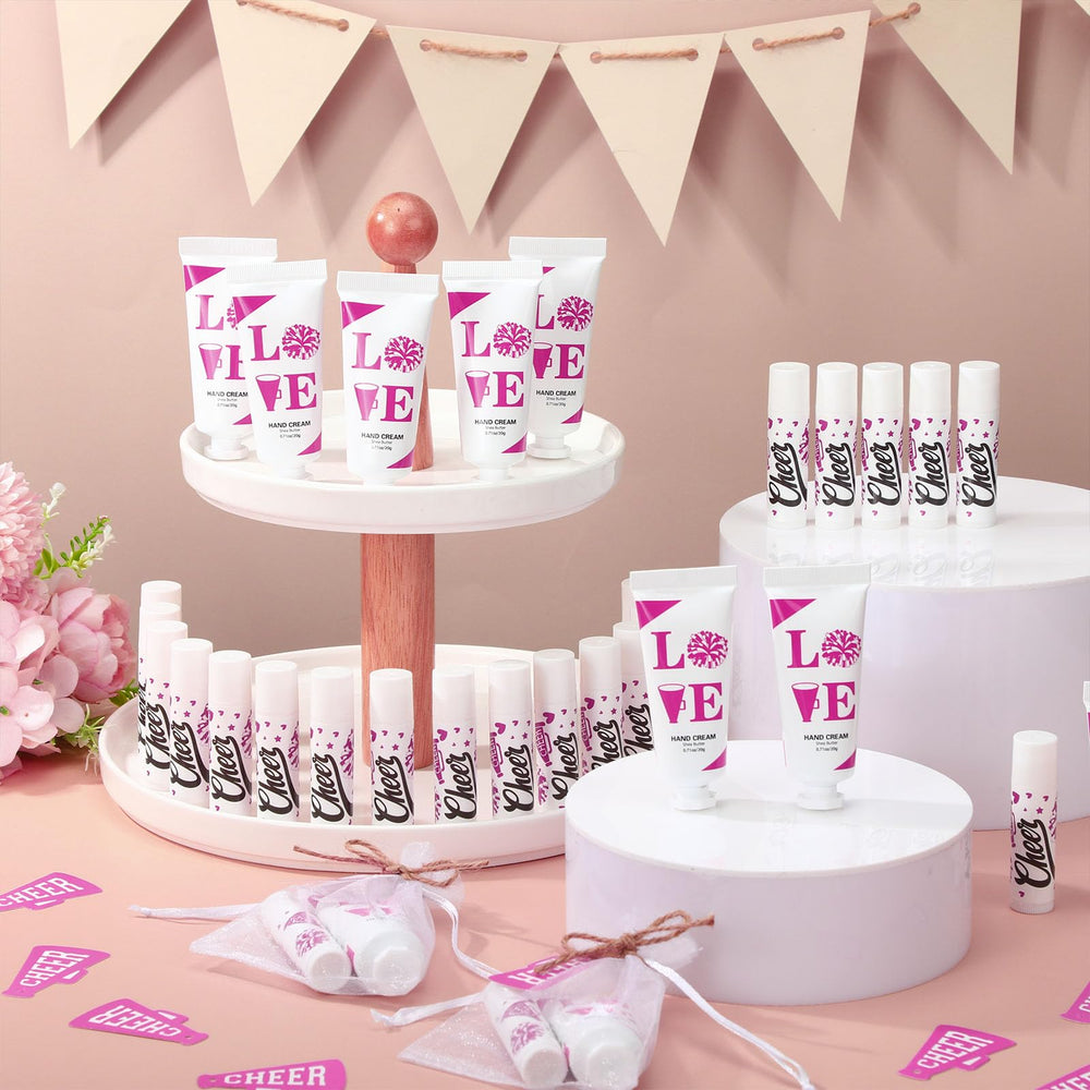 Heigble cheerleading party favors display for events.