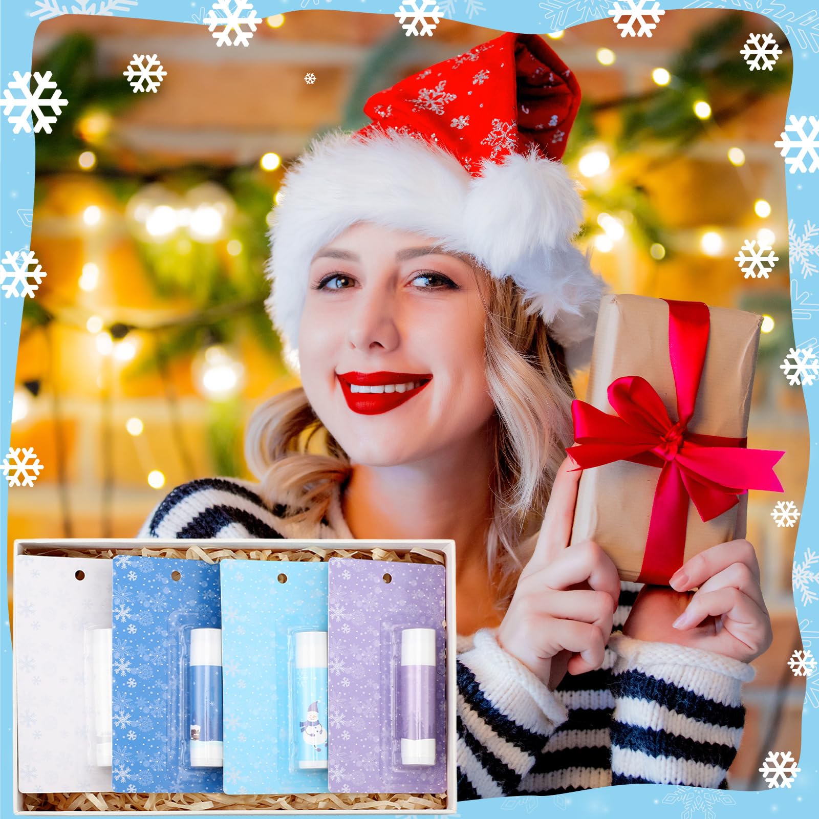 Heigble holiday display idea featuring assorted snowflake balms
