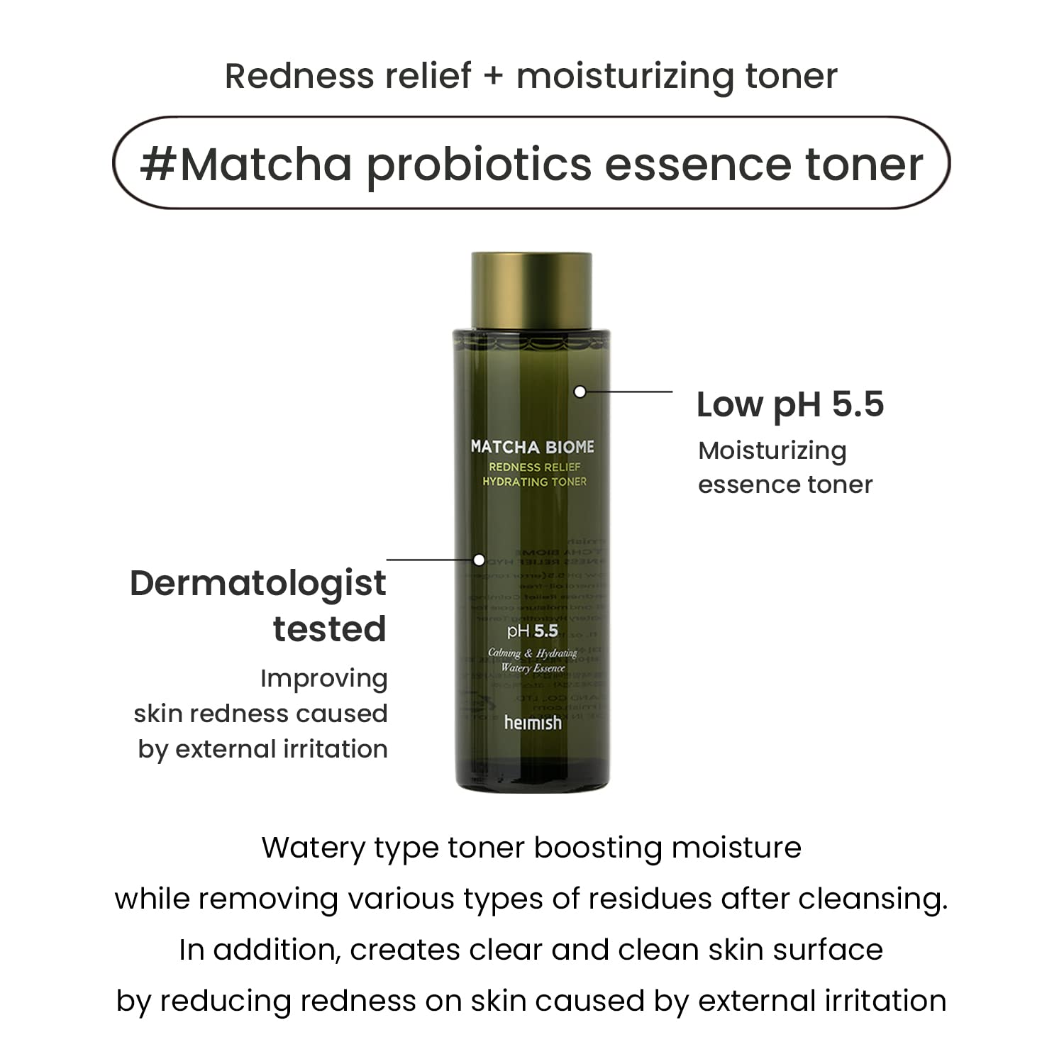 Applying HEIMISH Matcha Biome Redness Relief Toner on the hand for easy distribution.