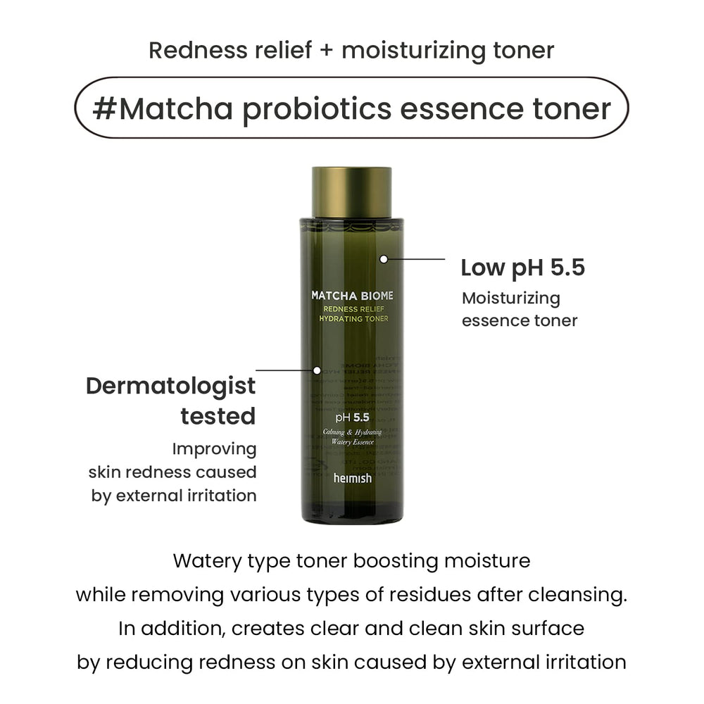 Applying HEIMISH Matcha Biome Redness Relief Toner on the hand for easy distribution.