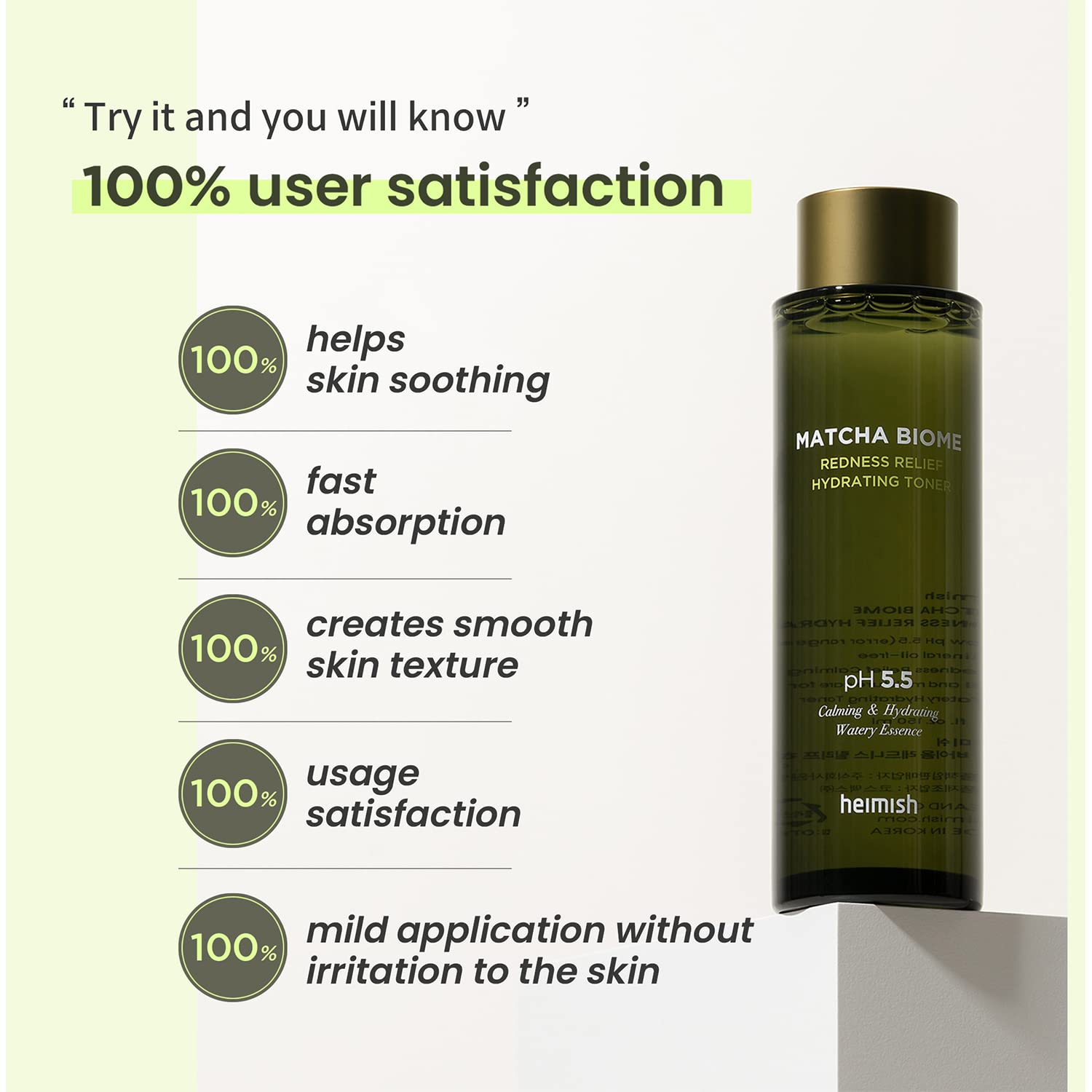 Applying HEIMISH Matcha Biome Redness Relief Toner on the face for soothing balance.