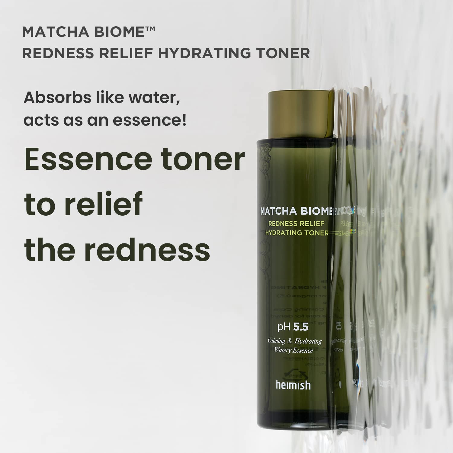 HEIMISH Matcha Biome Redness Relief Toner being poured for quick hydration.