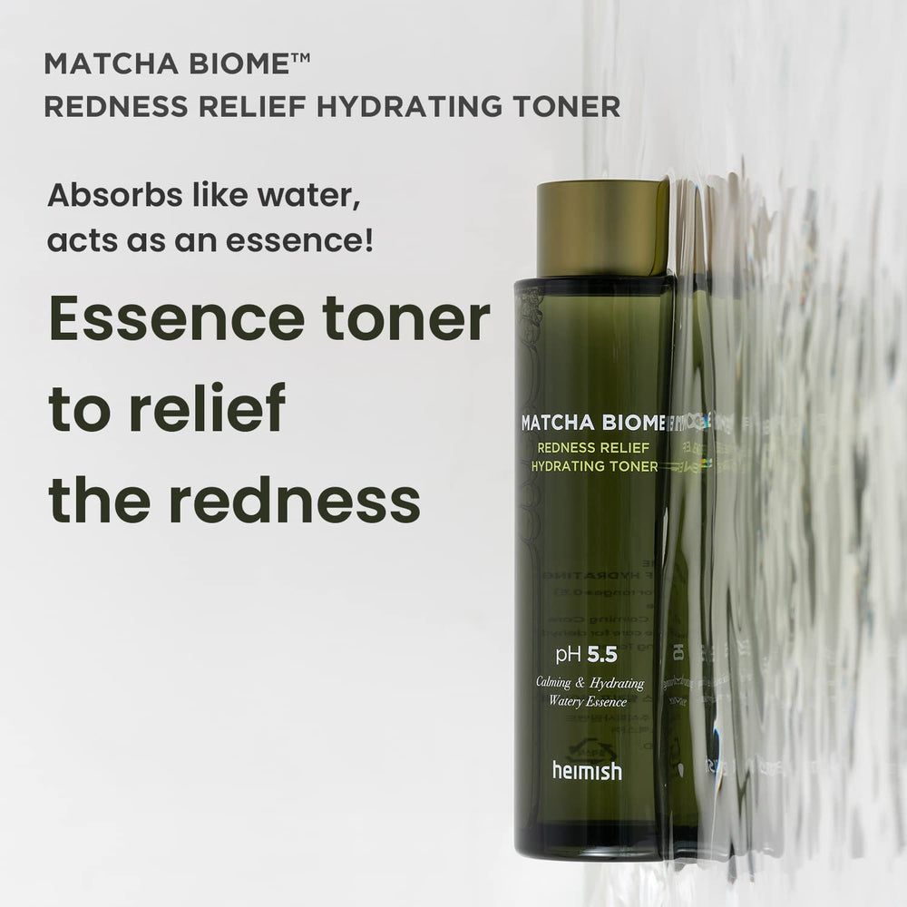 HEIMISH Matcha Biome Redness Relief Toner being poured for quick hydration.
