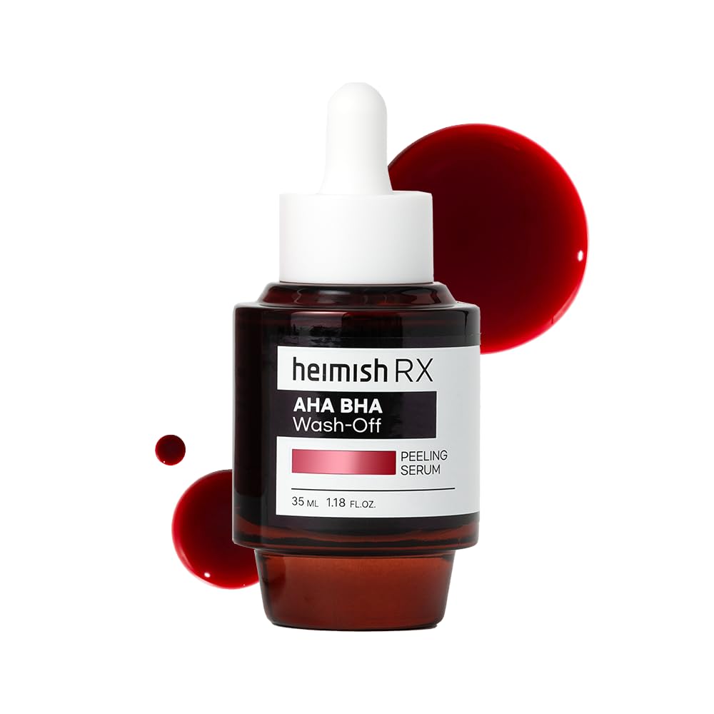 HEIMISH RX AHA BHA wash-off serum bottle close-up showing gentle exfoliation