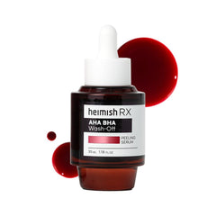 HEIMISH RX AHA BHA wash-off serum bottle close-up showing gentle exfoliation