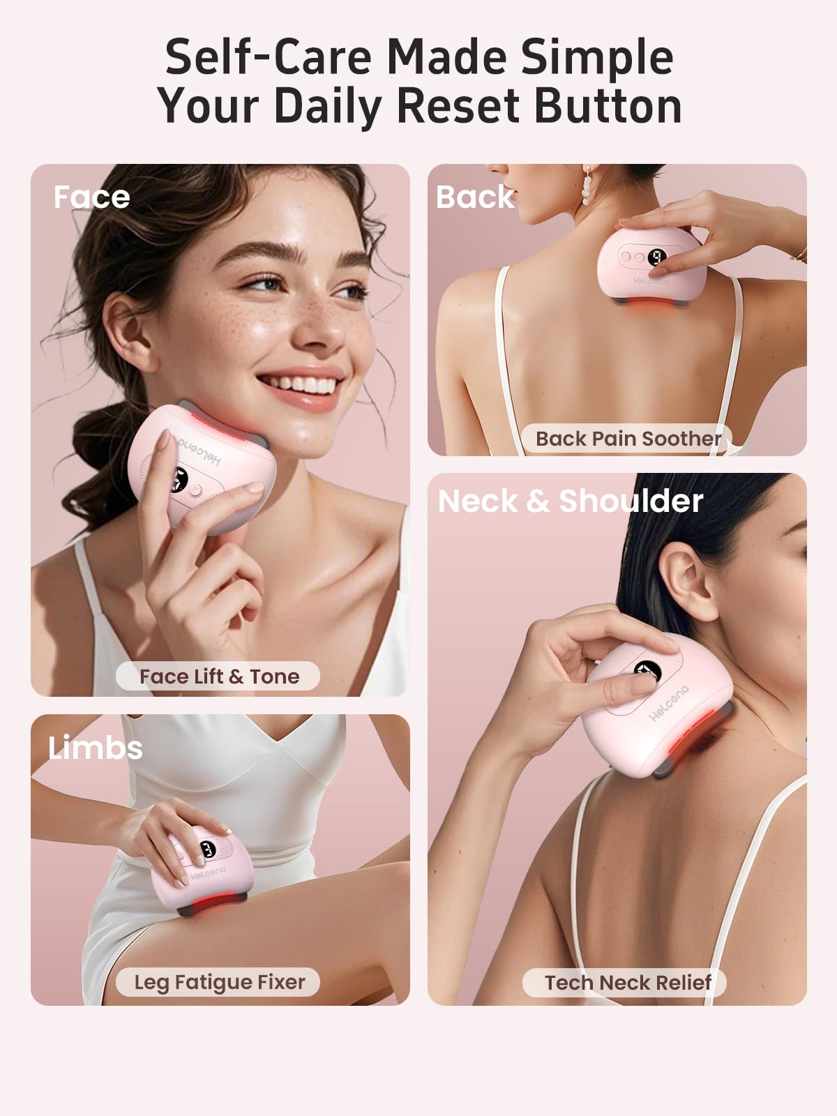 Helcona massager targeting face, neck, jaw and shoulders