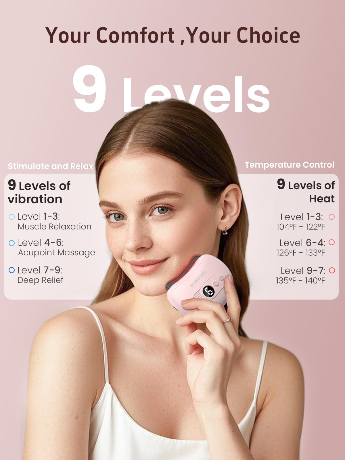 Helcona gua sha massager showing nine levels of heat and vibration