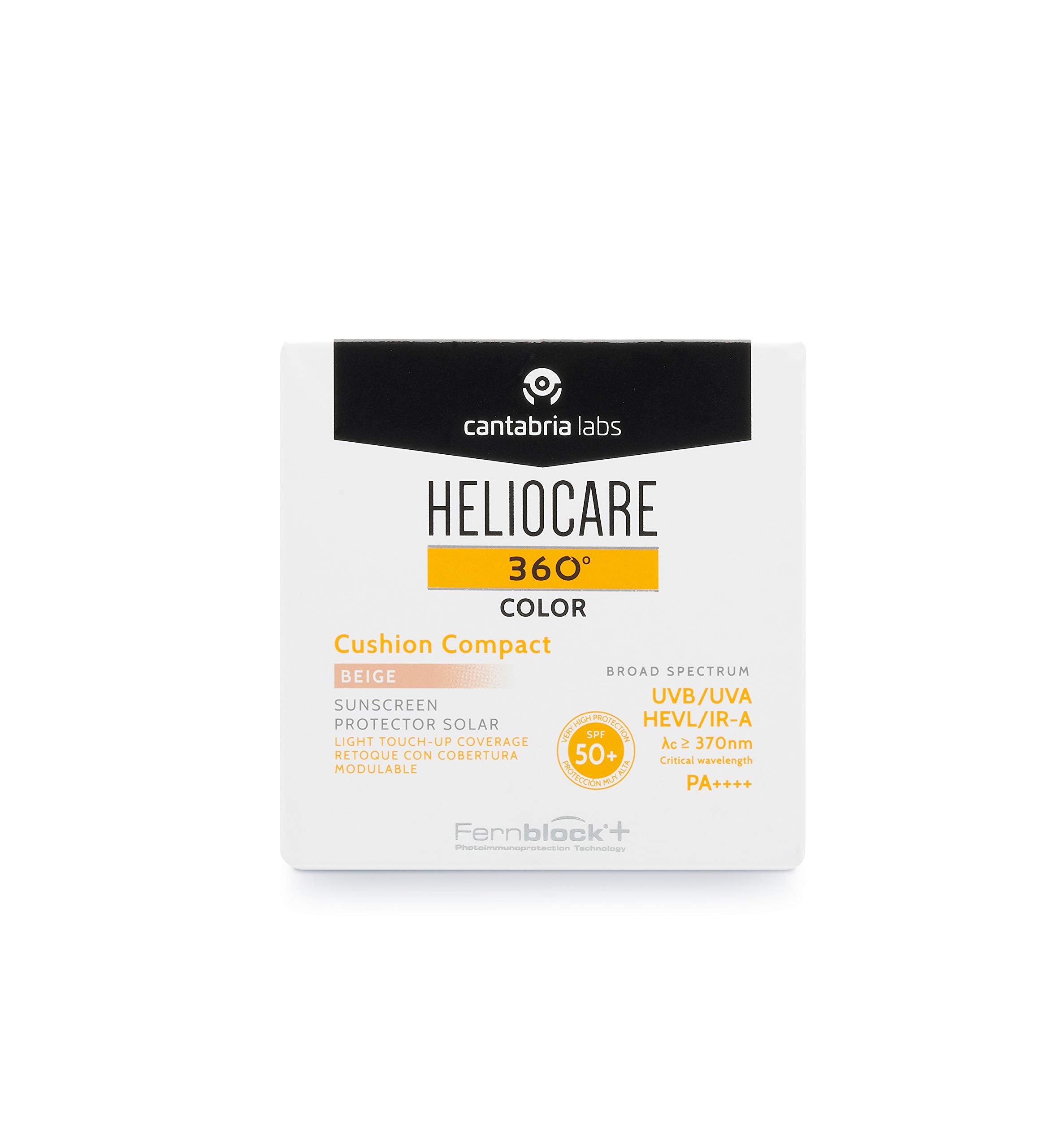 Heliocare 360 color cushion beige bottle application for quick, even-toned touch-ups.