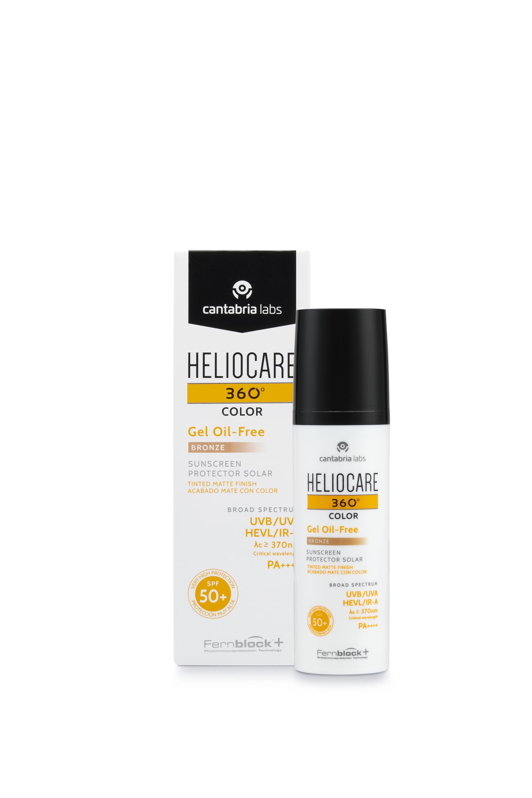 Heliocare 360 Color Gel oil-free SPF50 bronze bottle, offering daily sun protection with a natural tint.