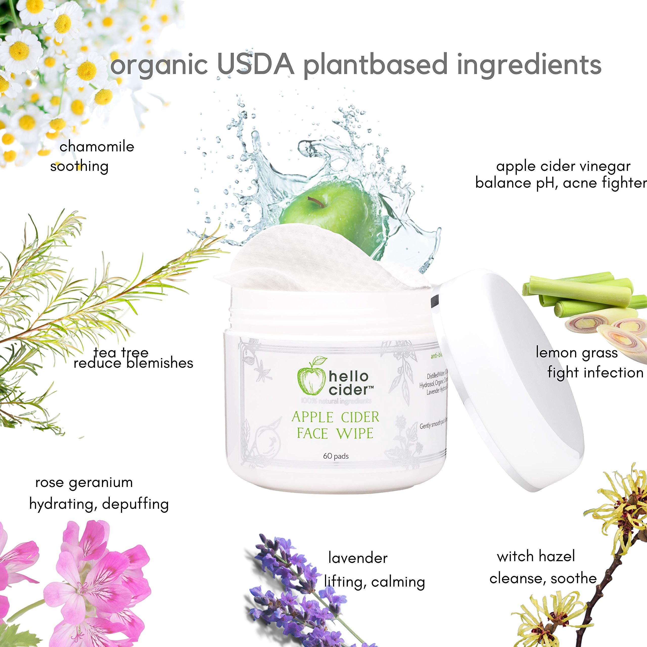Hello Cider pads infused with hydrosols for soothing, hydrating acne care.