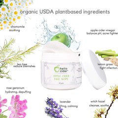 Hello Cider pads infused with hydrosols for soothing, hydrating acne care.