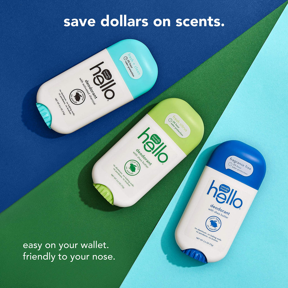 Hello deodorant Underarm application scene suggests easy daily use.