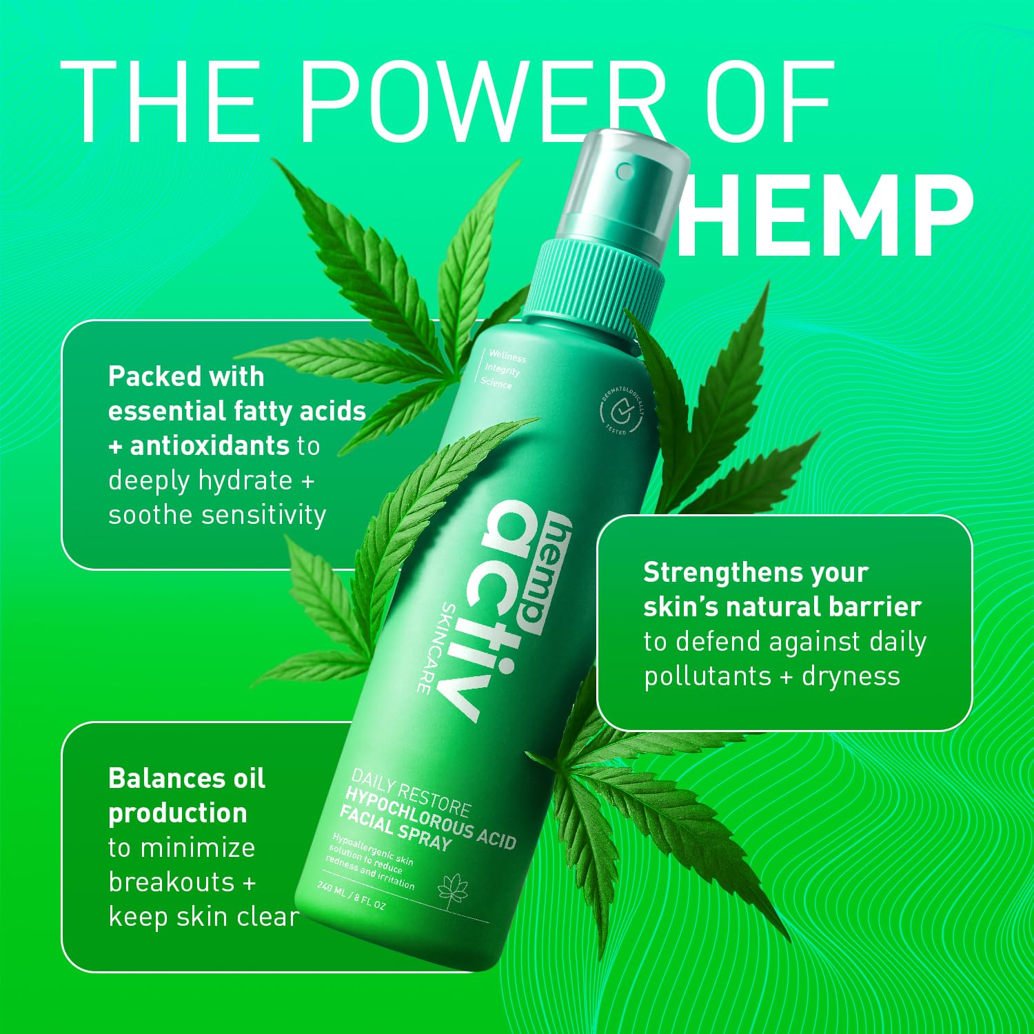 Product label detail highlighting HOCl formula and clean ingredients