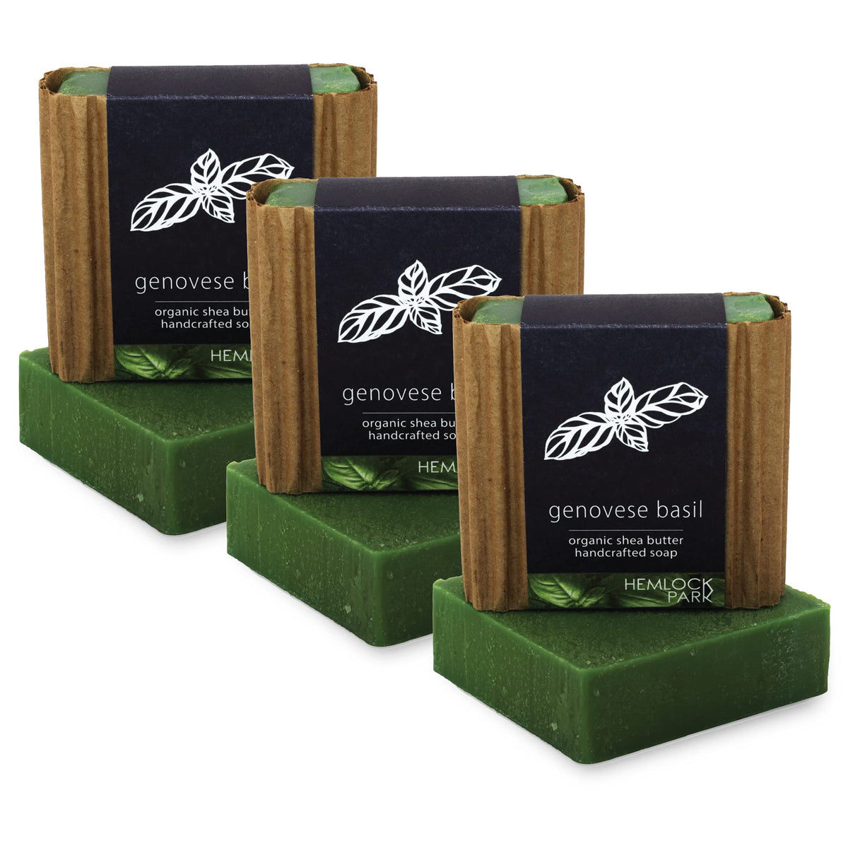 Hemlock Park Genovese Basil moisturizing shea butter bar in a 3-bar set.