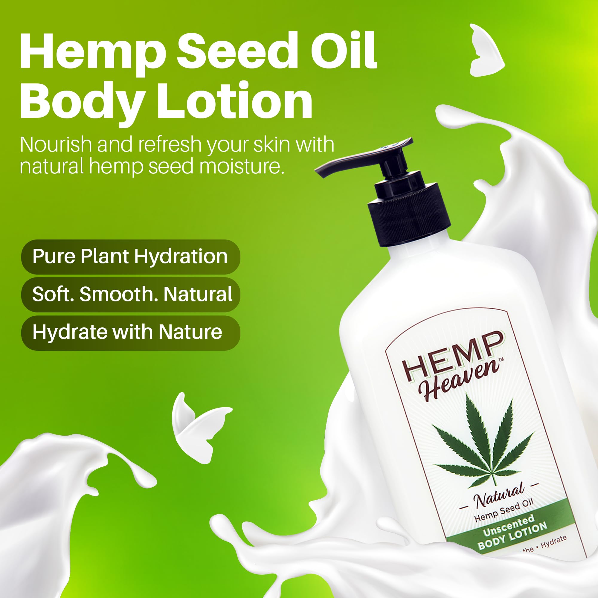 Close-up of Hemp Heaven Lotion ingredients highlighting hemp seed oil and moisturizers.