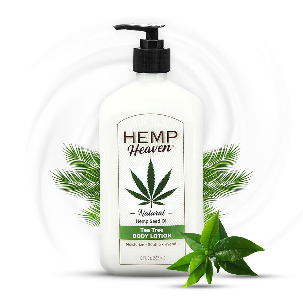 Hemp Heaven Hemp Lotion bottle with tea tree scent for refreshing daily hydration.