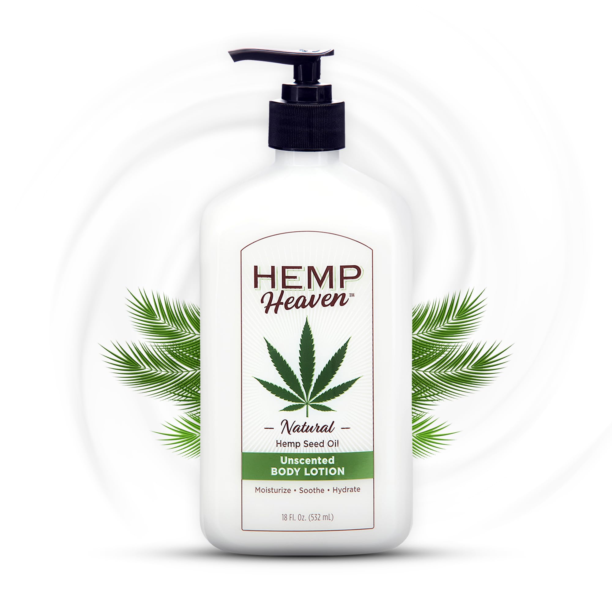 Hemp Heaven Hemp Lotion unscented bottle delivering hydration for sensitive skin.