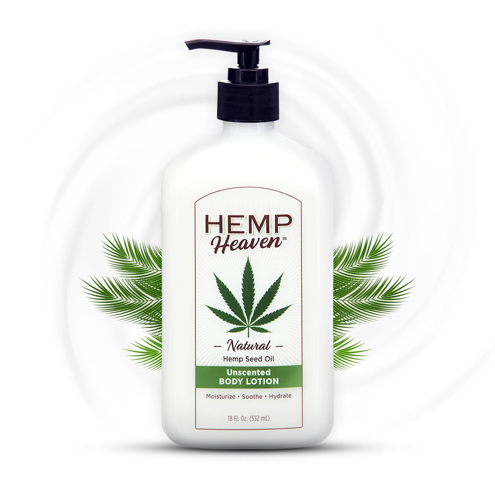 Hemp Heaven Hemp Lotion unscented bottle delivering hydration for sensitive skin.