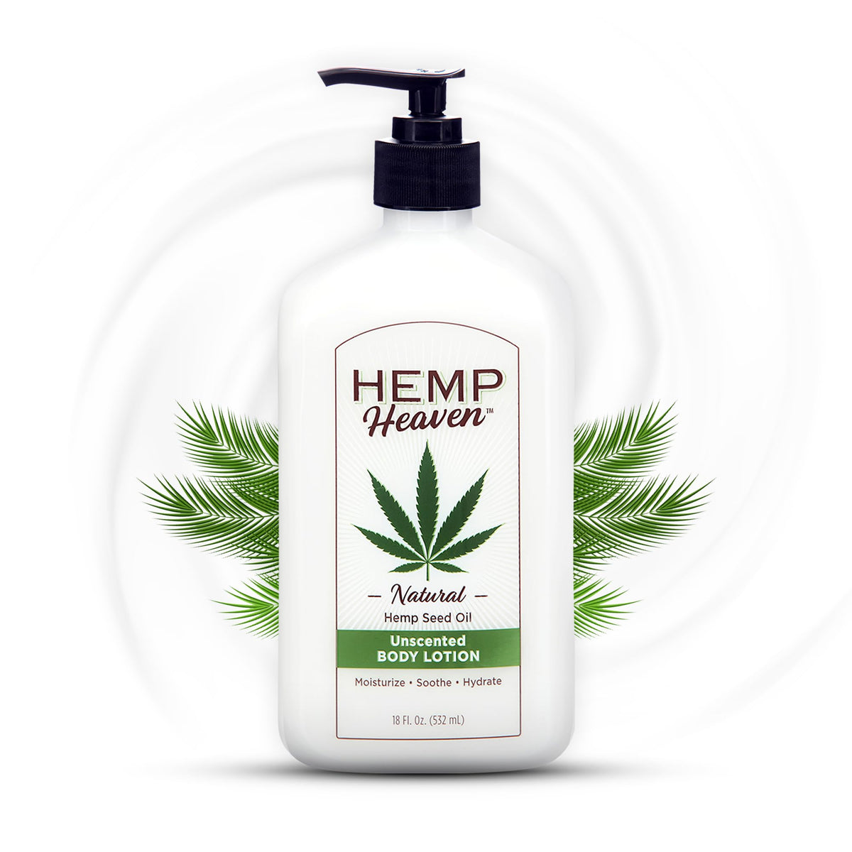 Hemp Heaven Hemp Lotion unscented bottle delivering hydration for sensitive skin.