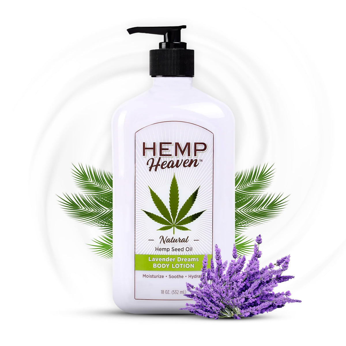 Hemp Heaven Lavender Dreams lotion bottle highlighting premium hemp formula for hydrated skin.