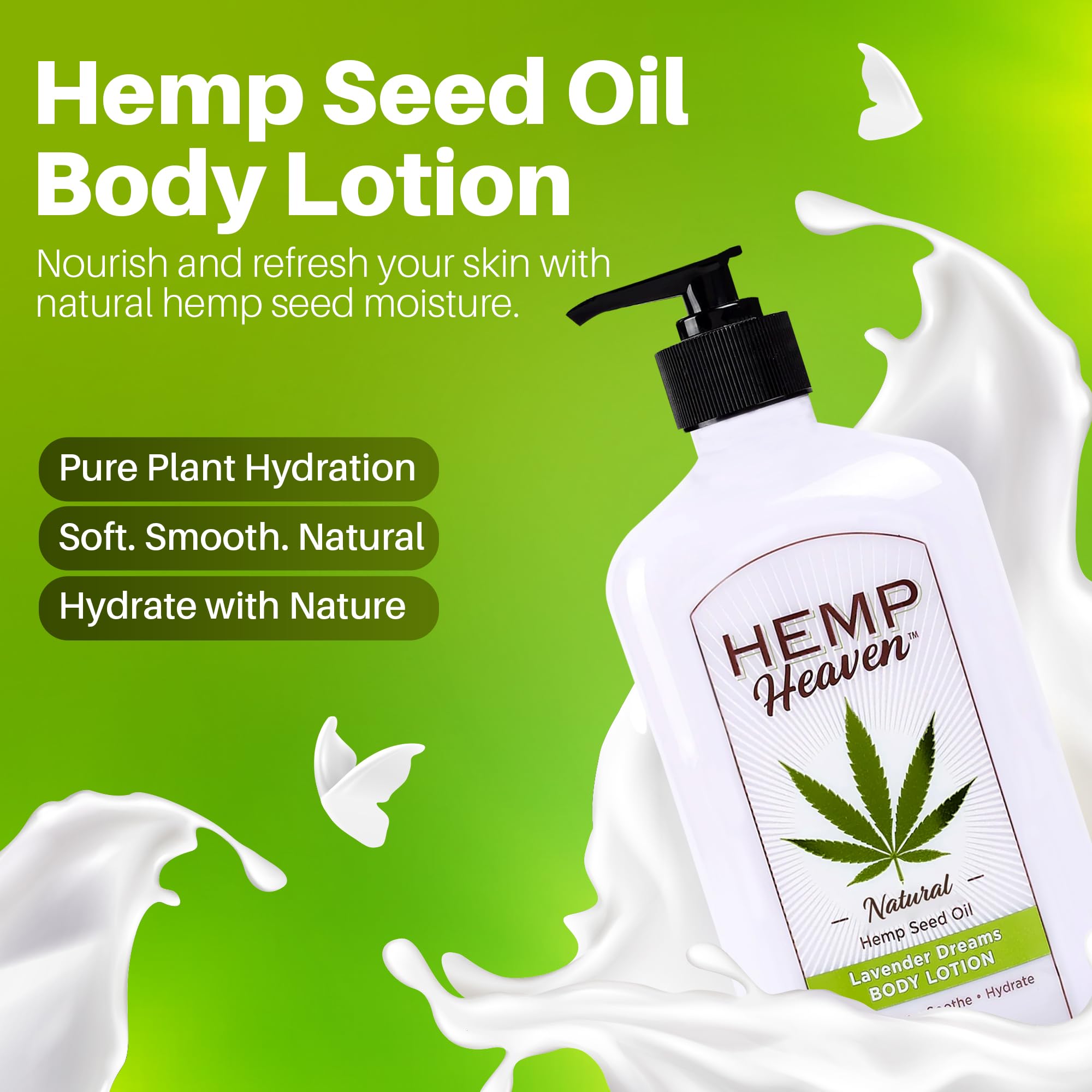 Hemp Heaven body lotion pump 18oz ready for daily moisturizing.