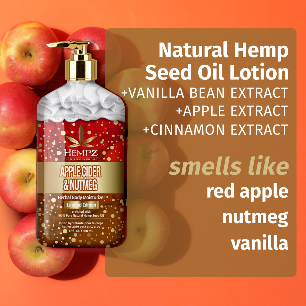 Hempz Apple Cider Nutmeg scented lotion highlighting fall-inspired aroma.