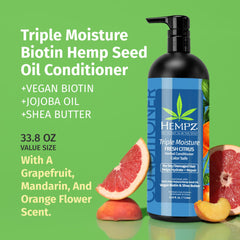 Hempz Biotin Conditioner fresh citrus label close-up highlighting peach and grapefruit notes