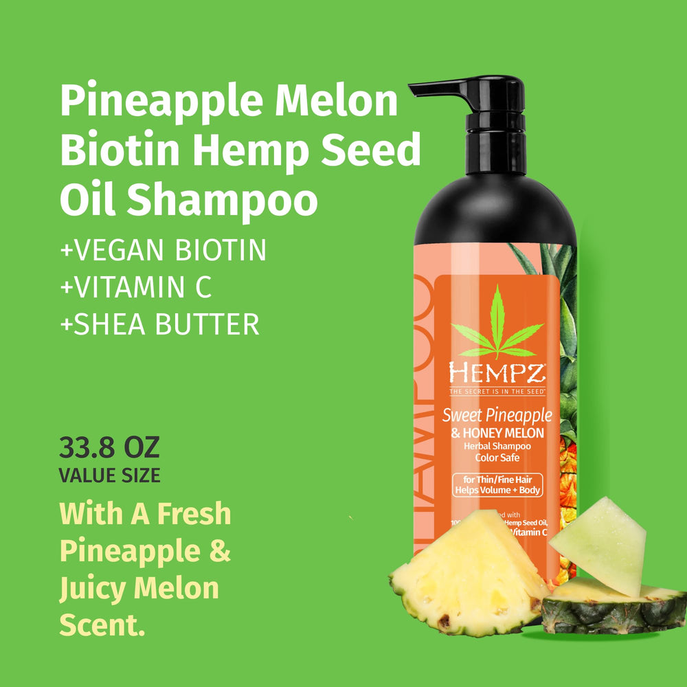 Hempz Biotin Hair Shampoo label closeup showing hemp seed oil benefits