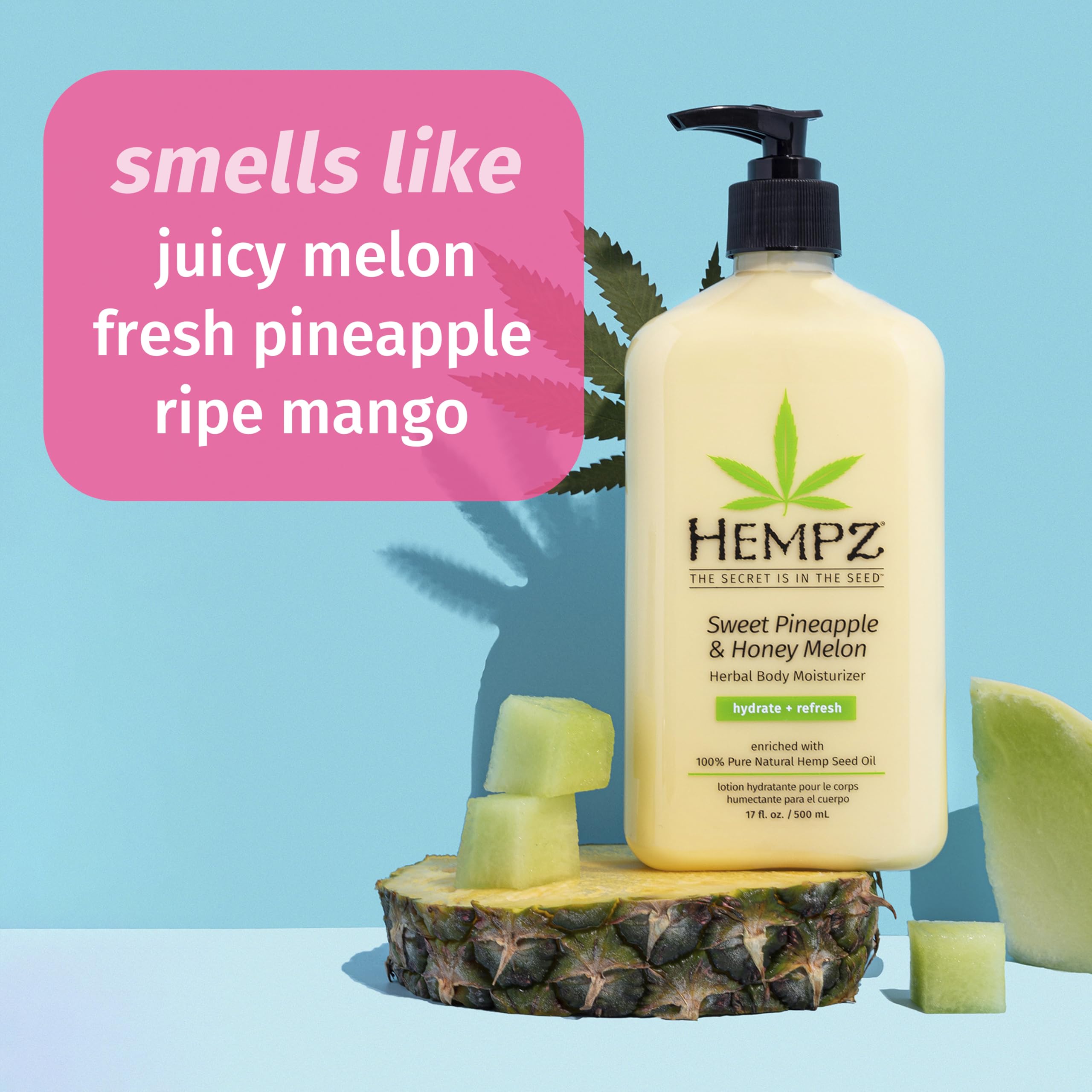 Hempz body lotion ingredients graphic highlighting hemp seed oil benefits.
