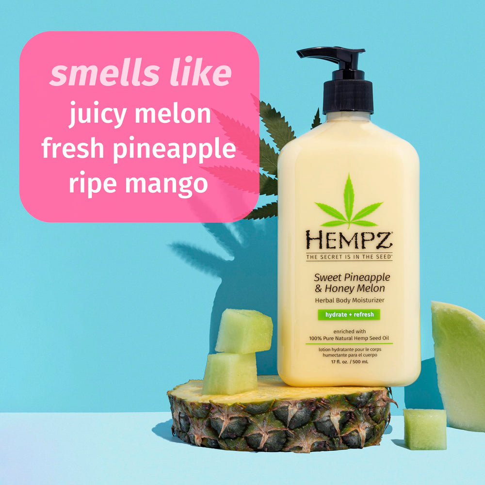 Hempz body lotion ingredients graphic highlighting hemp seed oil benefits.