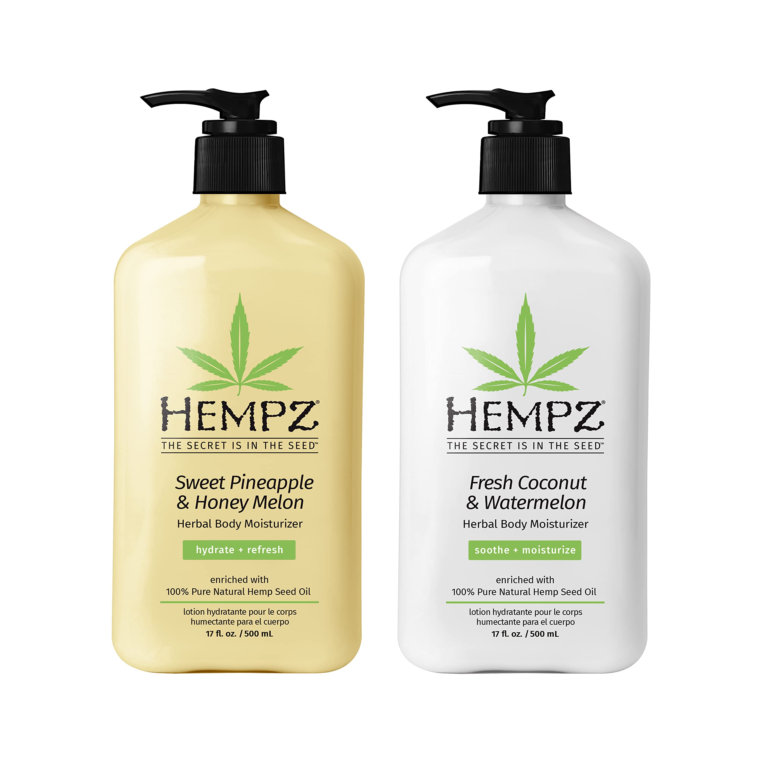 Hempz body lotion bottle with Sweet Pineapple & Honey Melon, daily moisture for soft skin