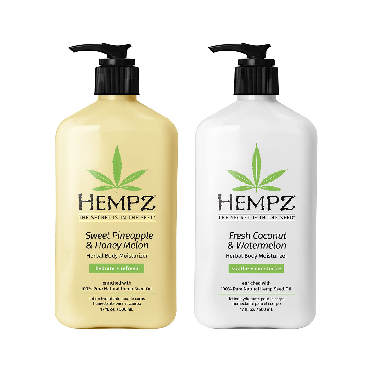 Hempz body lotion bottle with Sweet Pineapple & Honey Melon, daily moisture for soft skin