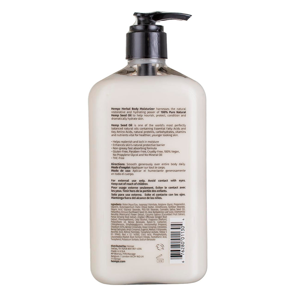 Hempz Body Moisturizer Original 17 oz pump top enables controlled, mess-free application.